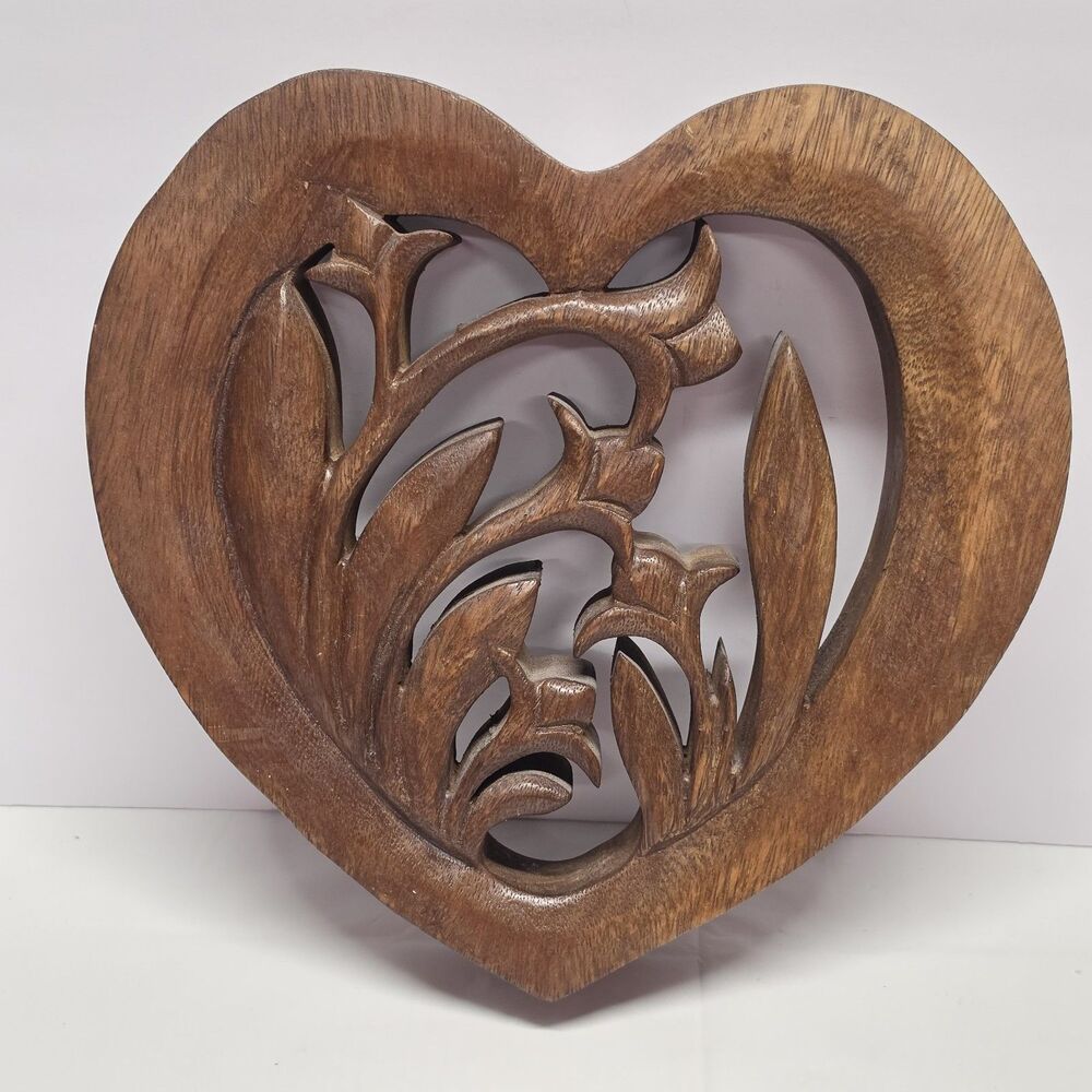 Vintage Handcarved Wooden Heart Wall Hanger Decor Cottagecore Rustic Bohemian